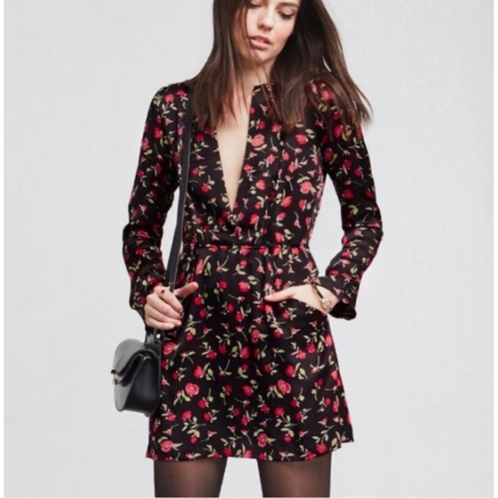 Reformation Hart Red Rose Floral Mini Dress Black V-Neck Long Sleeve Pockets  2‎